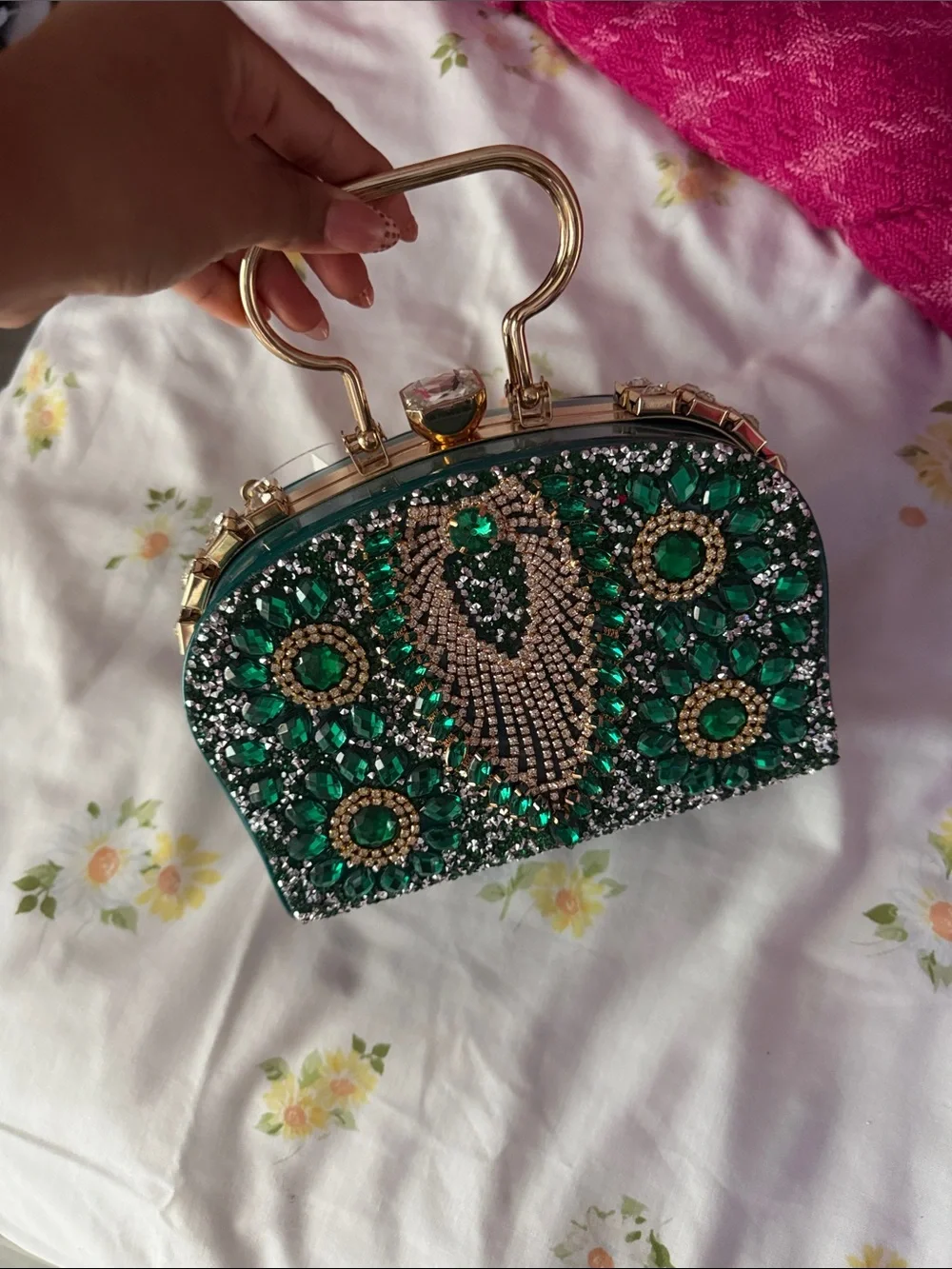 Gold-Trim Teal Jeweled Evening Clutch by